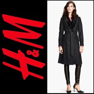 H&M Black Wool Blend Faux Fur Collar Longline Long Trench Jacket Coat